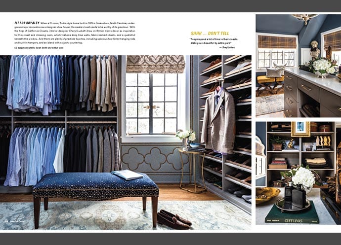 Luxurious walk-in closet with blue walls, velvet bench, custom brass rods, and shoe shelves designed by Cheryl Luckett