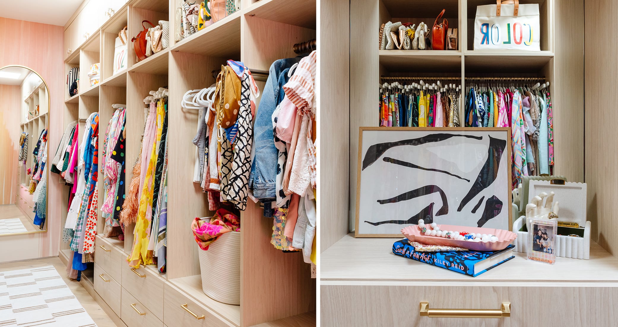 Long walk in closet design with open shelves and hanging sections, custom drawers in wood grain finish by California Closets