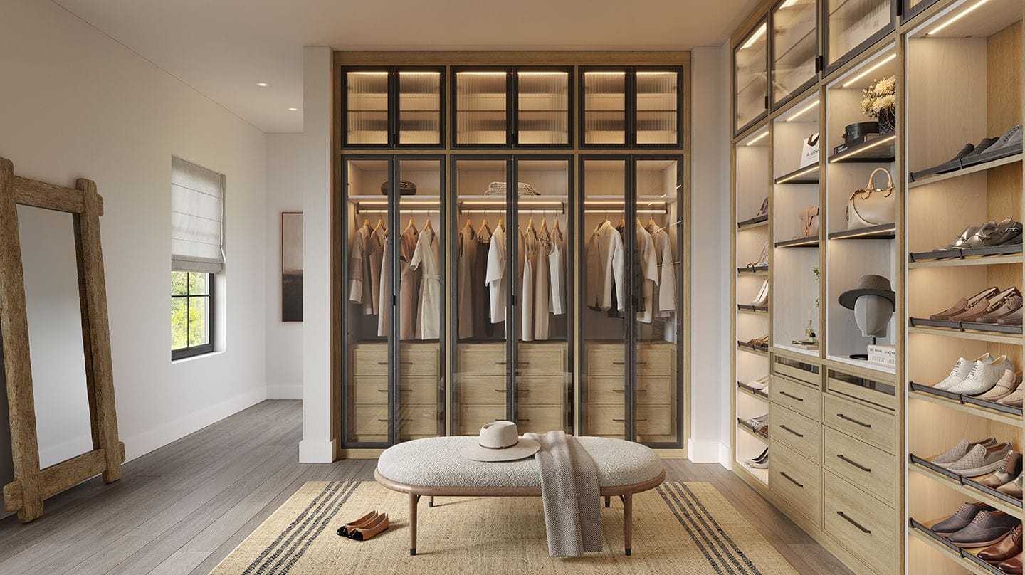 Custom closet with cubbies, baskets, and built-in cabinets by California Closets