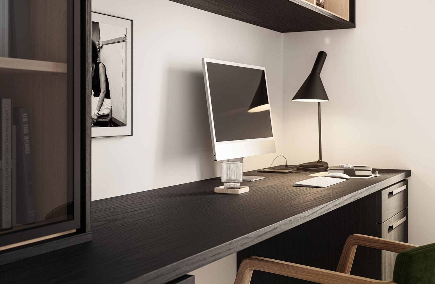 Floating shelves with a built in office desk designed in a dark finish by California Closets