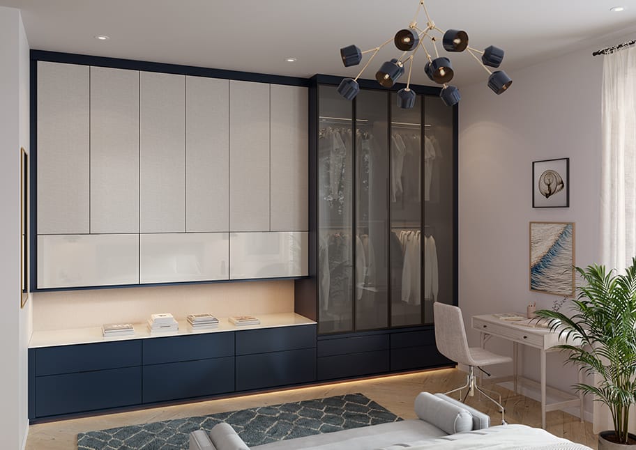 Ceiling to floor custom wardrobe storage cabinet, counterspace and backpainted glass doors by California Closets