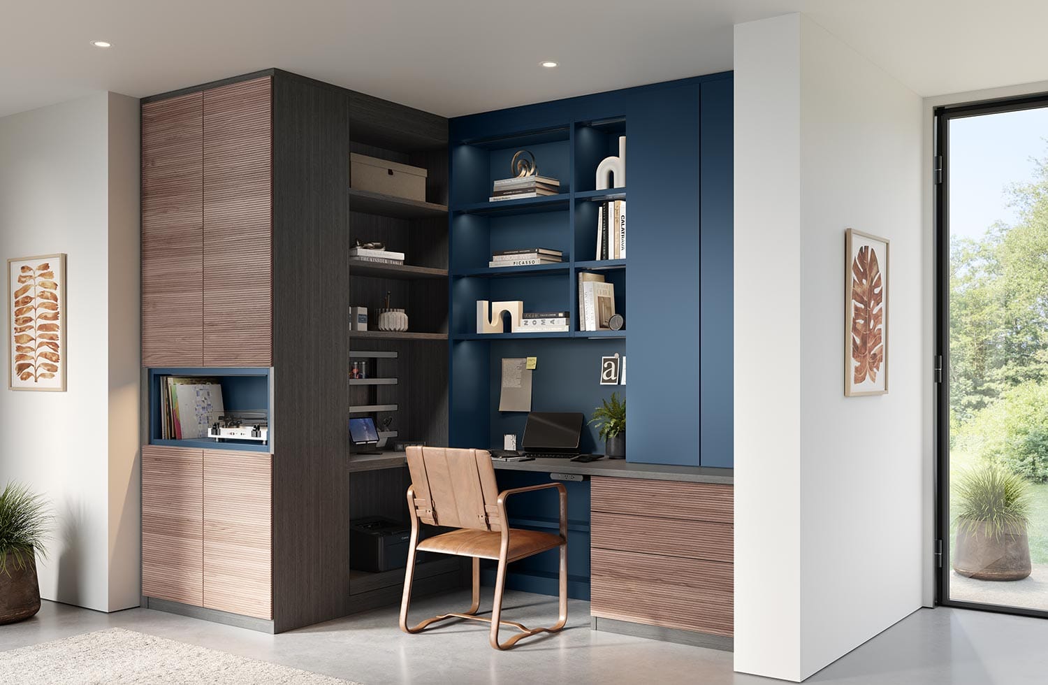 Workspace are in corner home with cabinet drawers by California Closets