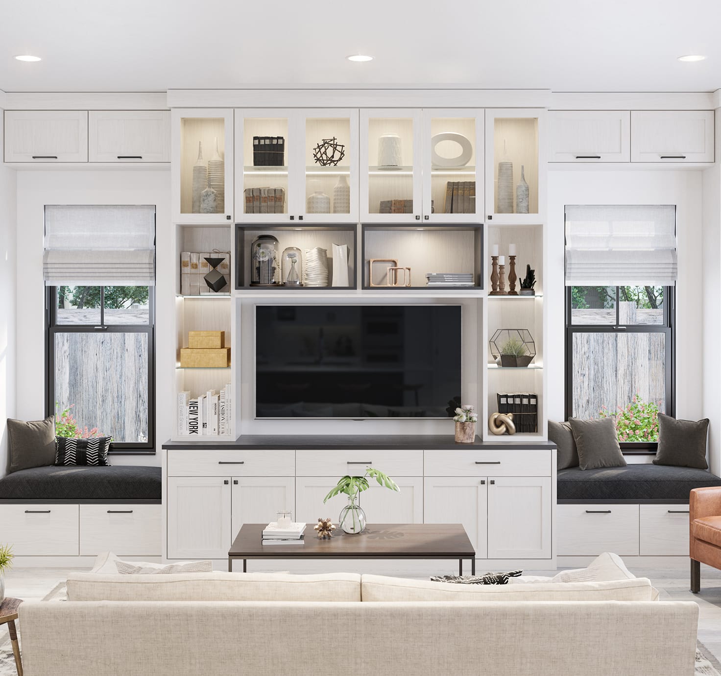 Custom entertainment center with lighted shelves and cabinets by California Closets