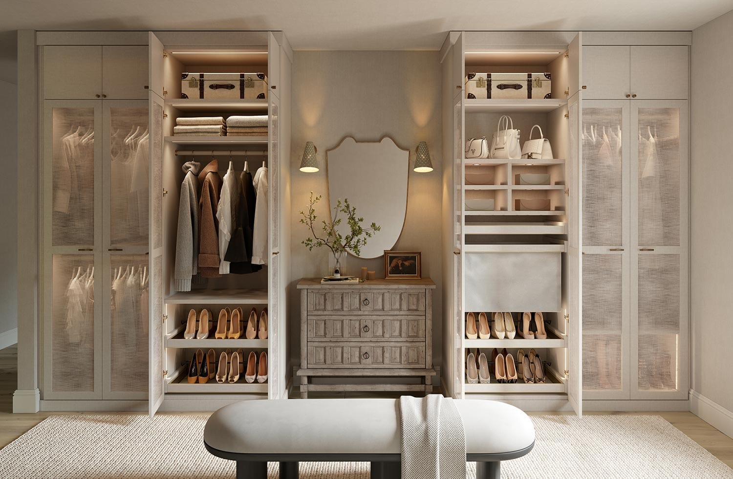 White finish and ecoresin closet door design by Jeremiah Brent for California Closets