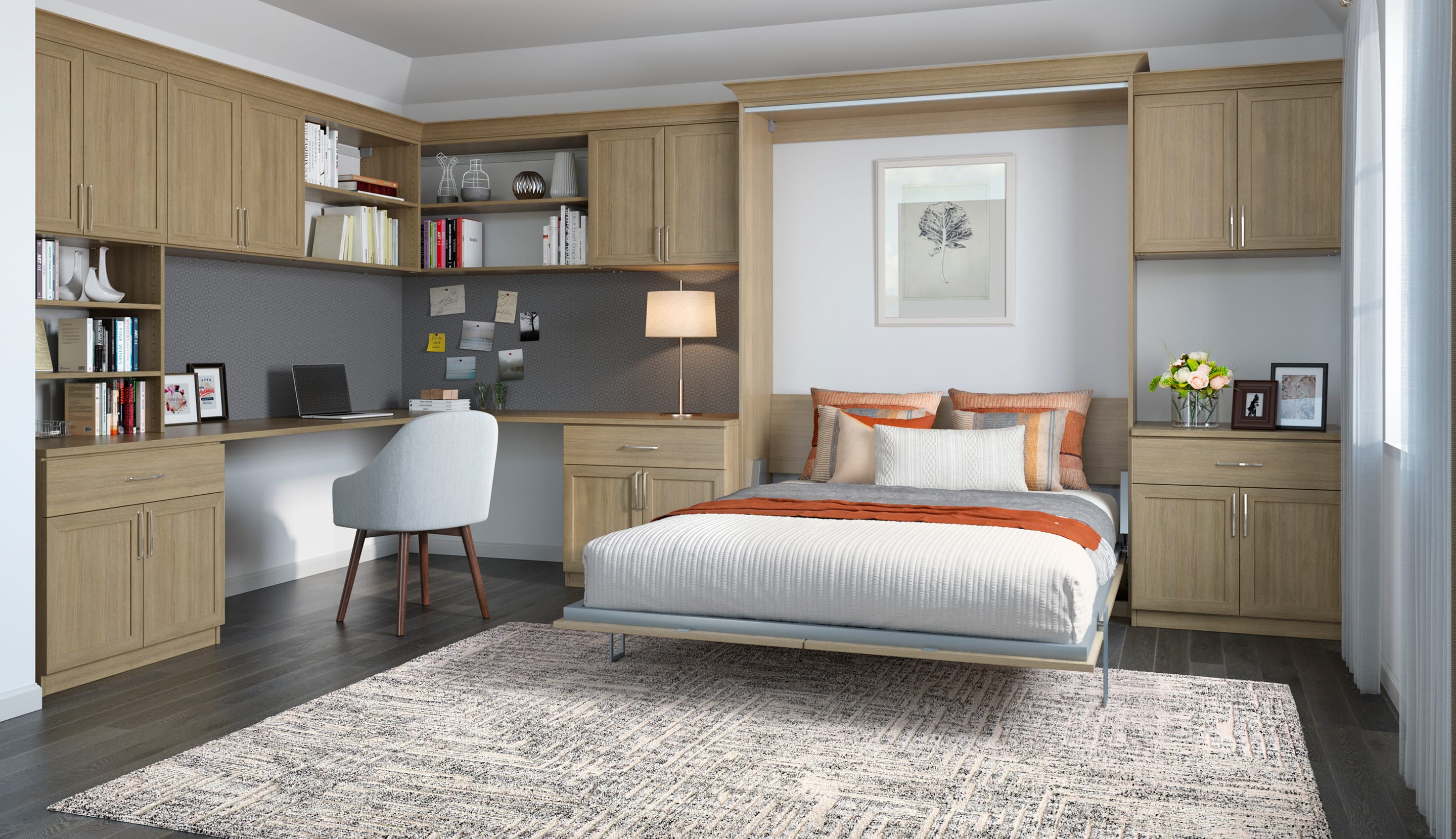 Shelving, custom desk and hidden bed with storage in one room by California Closets