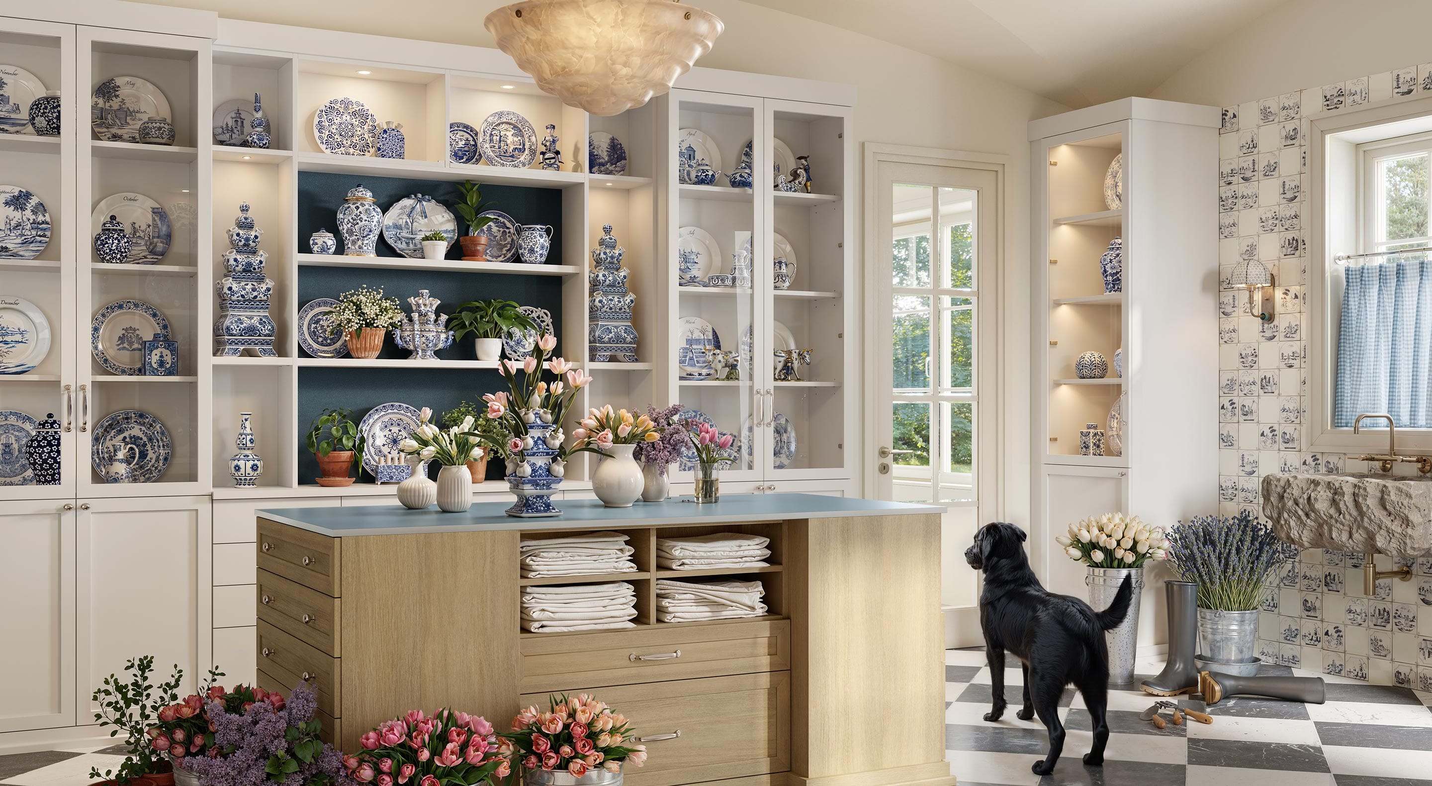 Elegant country kitchen design with custom shelving and center island storage by California Closets