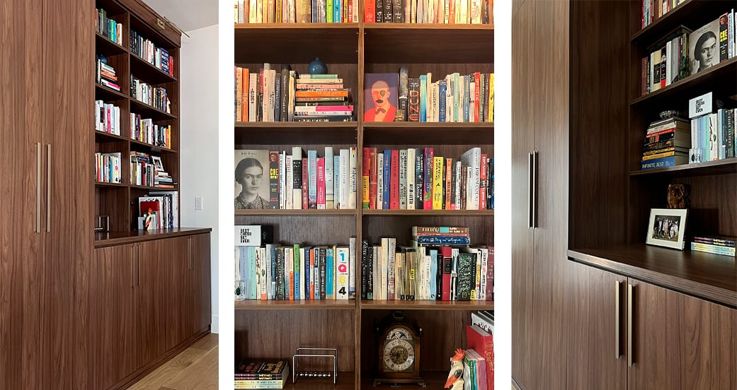 Opened coat closet designed next to a custom built in bookshelf design from California Closets