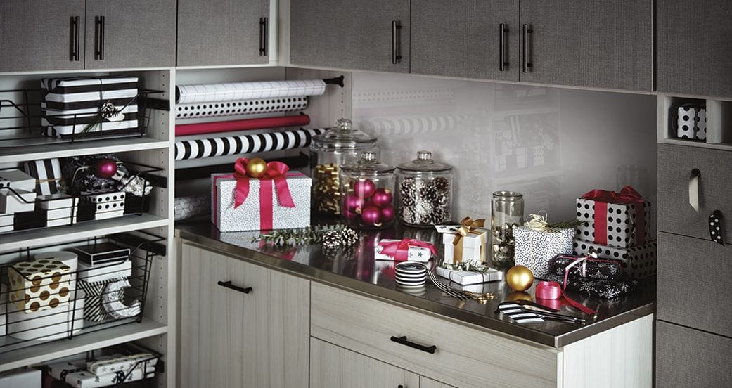 Holiday gift wrapping made easy with custom storage and countertop solution dedicated to make seasons easier from California Closets