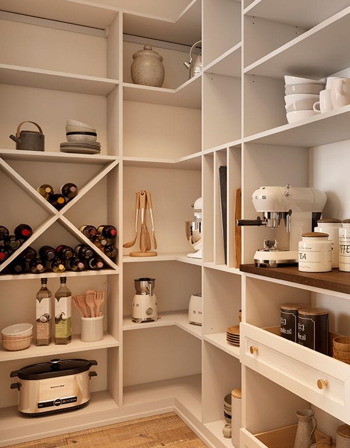 Open pantry shelving with corner wrap and wine storage cubbies by California Closets