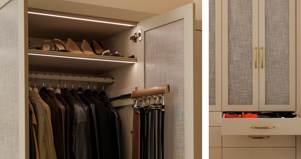 Wardrobe closet designed with custom drawers and shelving from California Closets