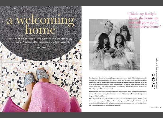 Magazine spread featuring Joy Cho discussing her family home and balancing work, life, and design