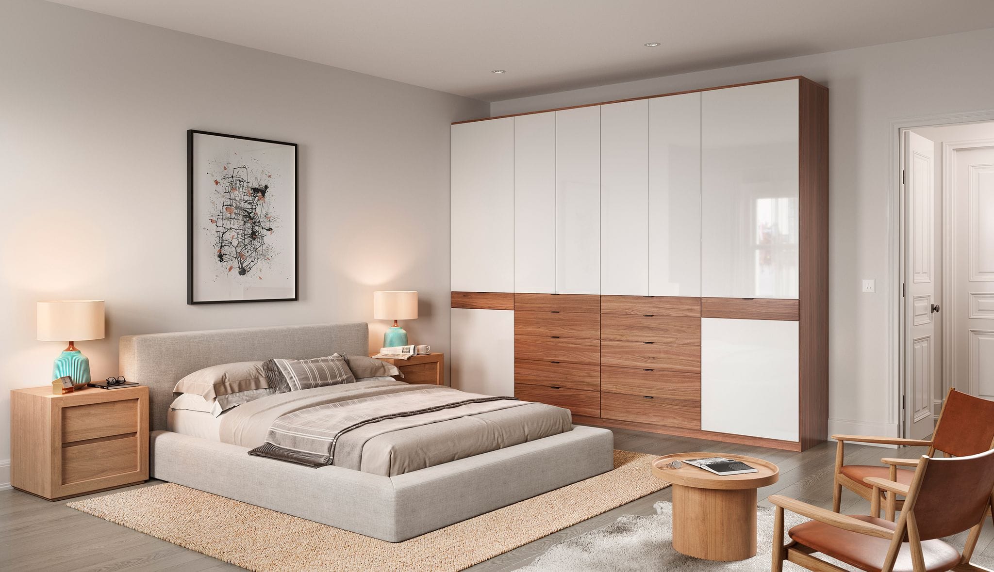 Installed closet wardrobe built in wall in gloss and natural wood grain finishes by California Closets
