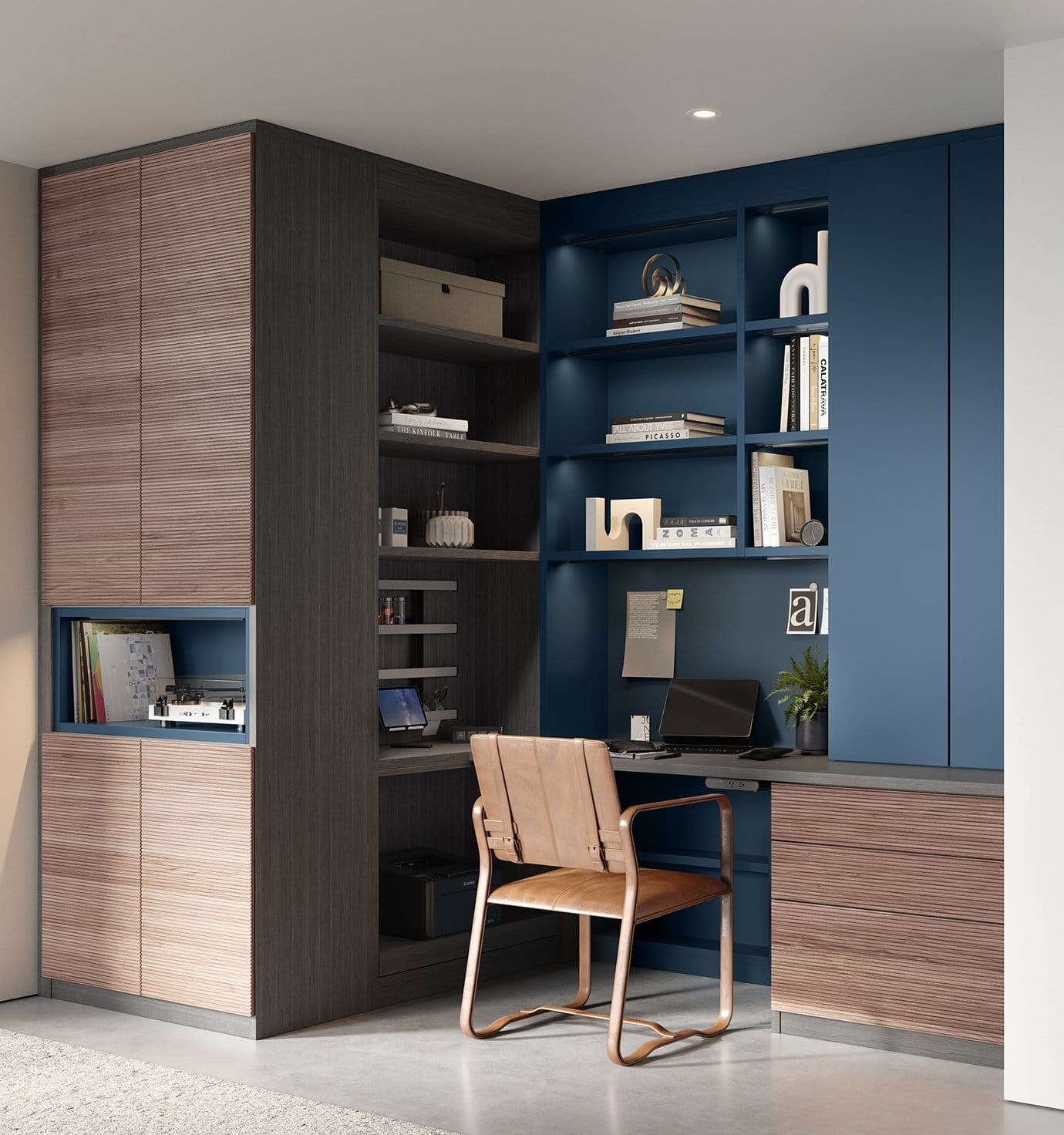 Vertical shelving and home office design by California Closets