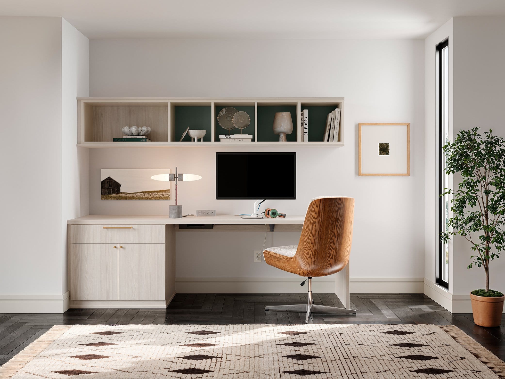 Open shelving over a floor mounted desk in home office by California Closets
