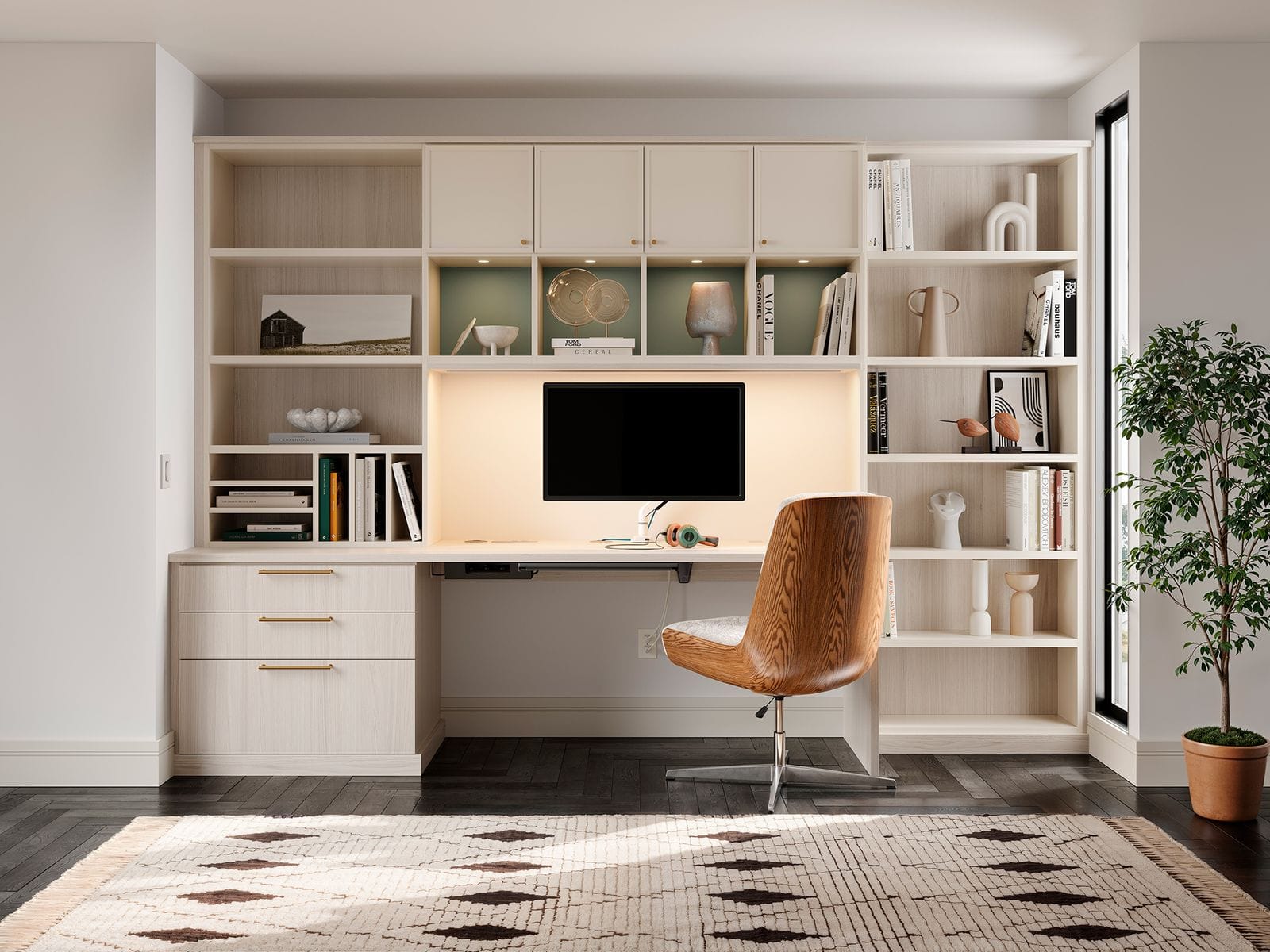 Home office layout with custom desk and integrated bookshelves by California Closets