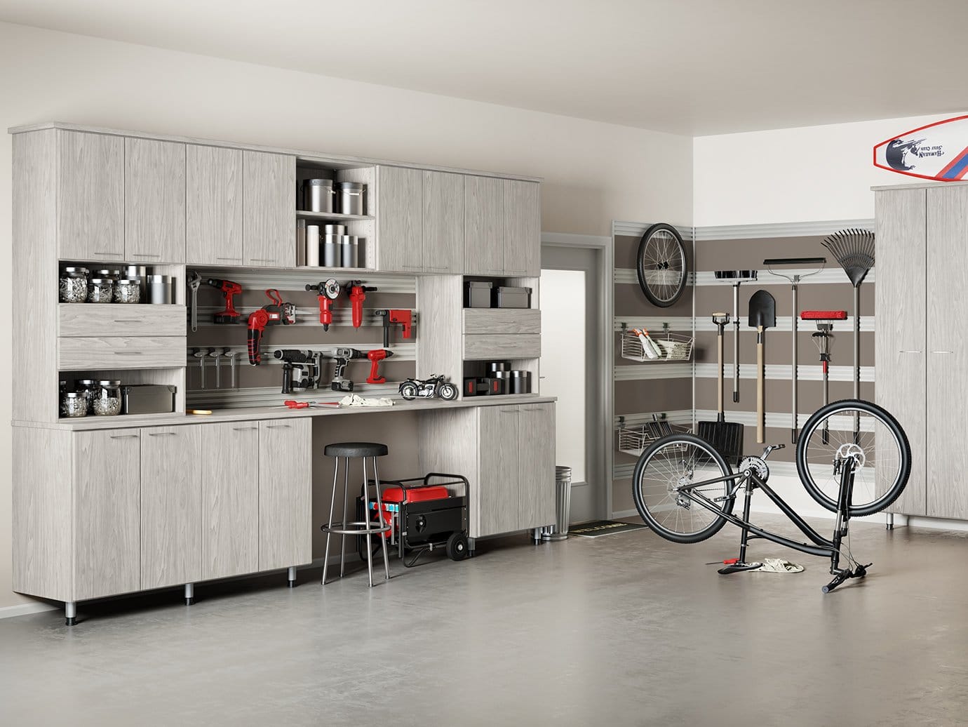 Custom mudroom to garage storage solutions to hold everything with cabinets, fusion wall track and shoe shelves by California Closets