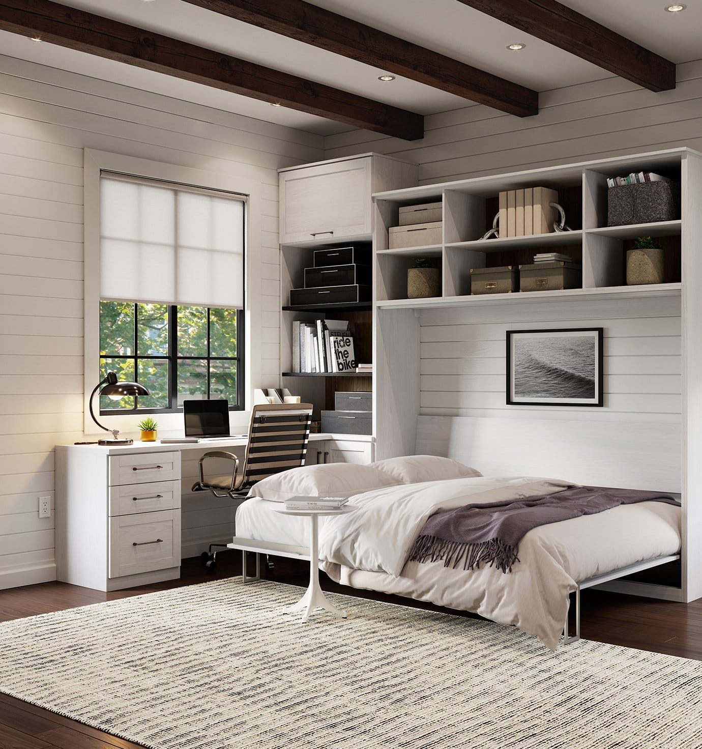 Custom hidden bed designed with office desk added from California Closets