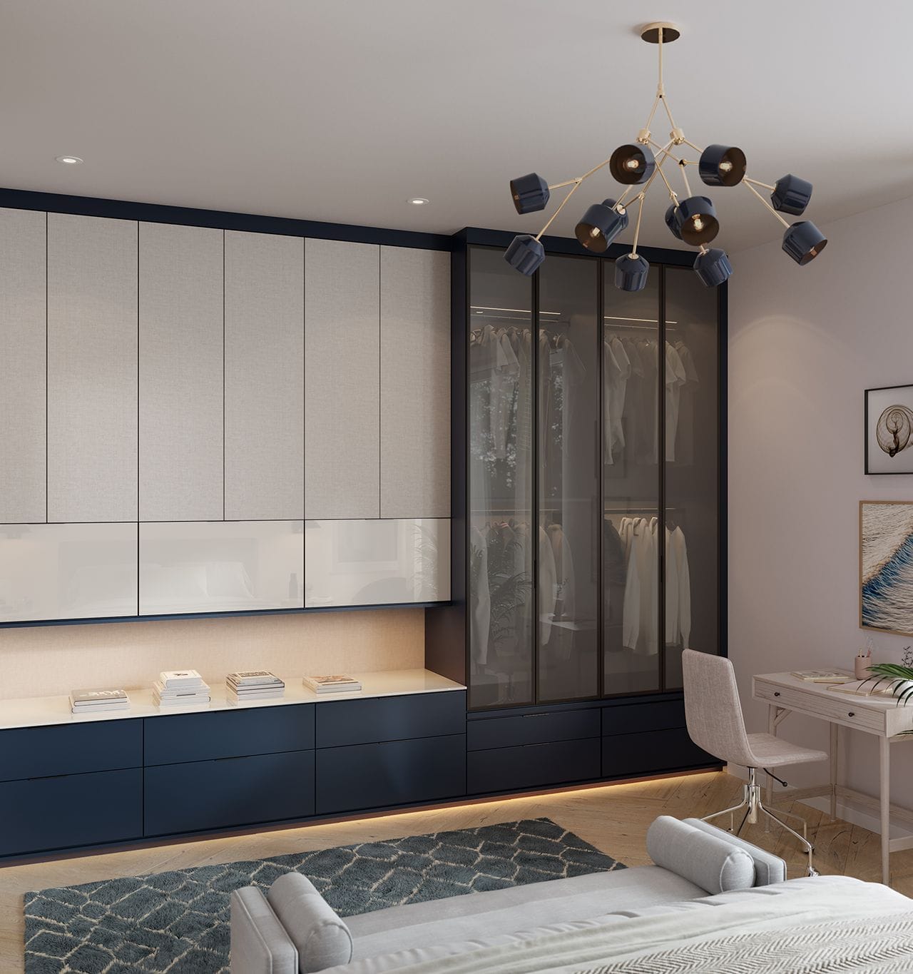 Wardrobe customized built into the wall with glass doors and floating storage by California Closets