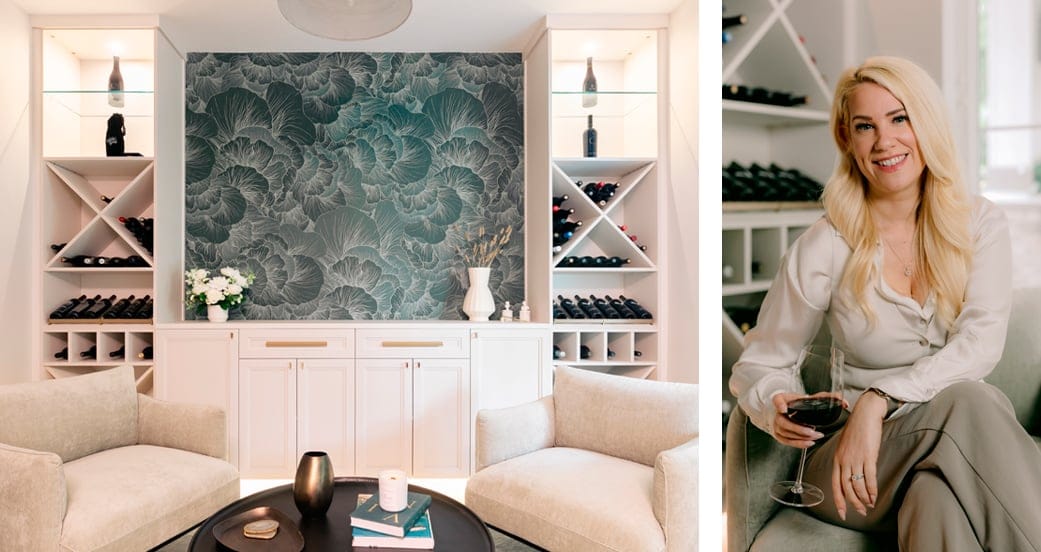 Home bar designed with custom lighting, x-shelves for wine storage and cabinetry from California Closets