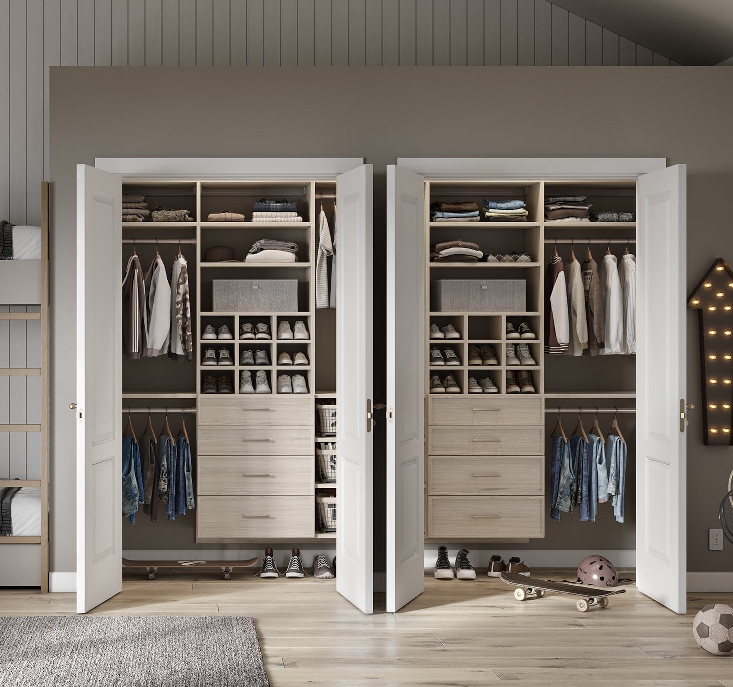 Twin bedroom closet in a custom light finish, designed and created by California Closets