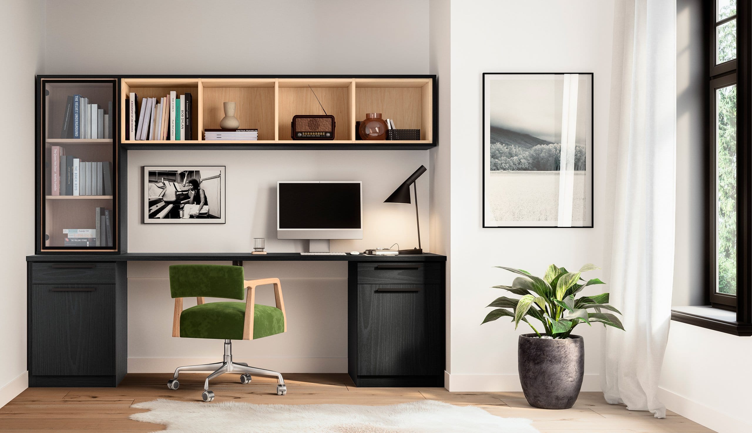 Home office designed with custom sheving, desk, countertops and drawers by California Closets