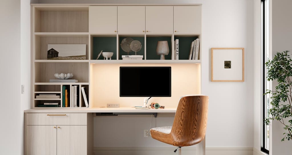 Custom home desk storage and organization ideas with shelves and cubbies from California Closets